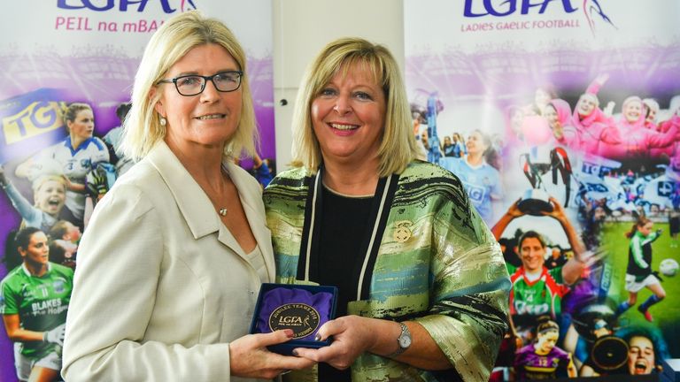 The Kerry Ladies 1993 Jubilee Team were honoured ahead of the TG4 All-Ireland Ladies Football Senior Championship Final in 2018. Pictured: LFGA President Marie Hickey makes a presentation to Eileen Lawlor (Dardis)