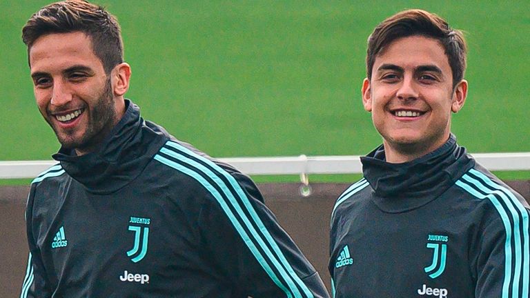 Rodrigo Bentancur (left) and Paulo Dybala in Juventus training before football in Italy ground to a halt last month