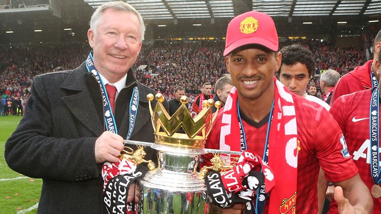 Nani and Sir Alex lifting the Premier League trophy in 2013