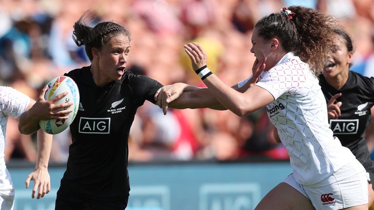 New Zealands Ruby Tui fends off a tackle in Hamilton