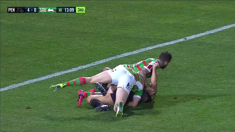 Stephen Crichton dived over for Penrith's second try against South Sydney