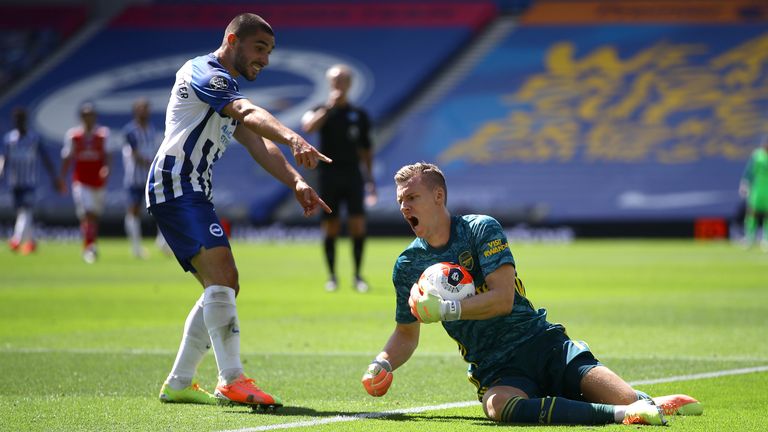 Leno was injured after a challenge from Maupay