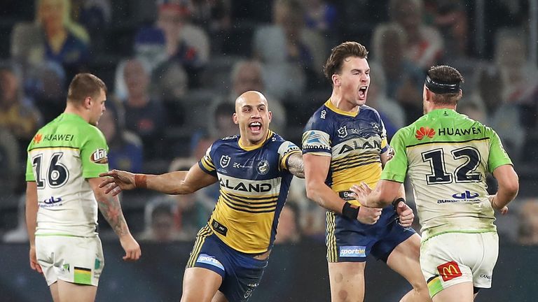Clinton Gutherson of the Eels celebrates kicking the winning field goal