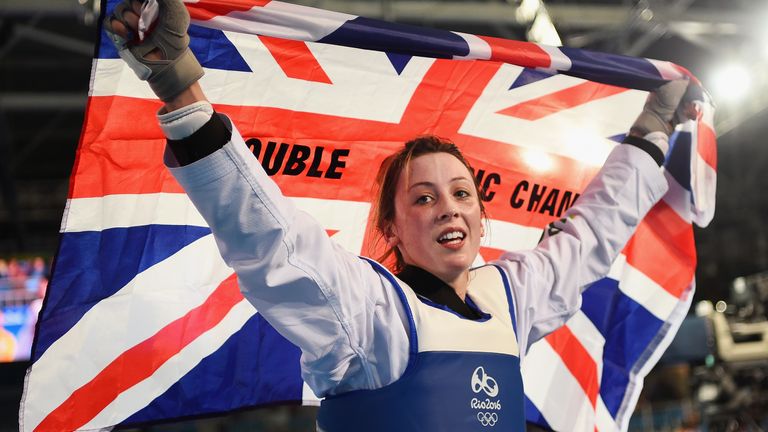 Jones after defeating Eva Calvo Gomez of Spain during the Women's -57kg Gold Medal Taekwondo in Rio