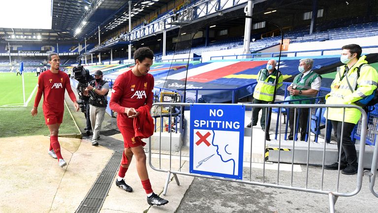 Liverpool players had to change in a portacabin in the Goodison Park car park on Sunday due to social distancing measures