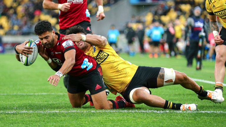 Richie Mo'unga goes over for the Crusaders in their win over the Hurricanes