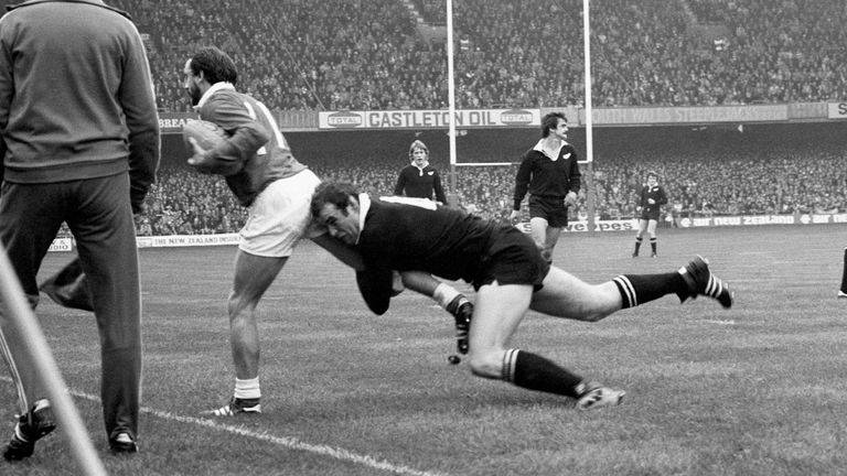 Haden tackles Clive Rees during the infamous match at Cardiff Arms Park in November 1978