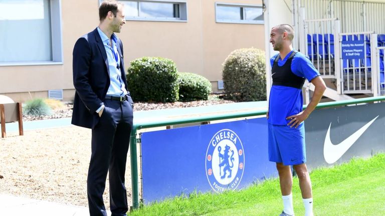 Ziyech was greeted by Petr Cech on his first day at the club. Picture credit: Chelsea FC