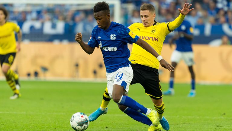 Matondo and Thorgan Hazard of Borussia Dortmund battle for the ball during the Bundesliga match last year