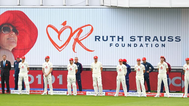 England and West Indies wore red caps in recognition of the Ruth Strauss Foundation on day one of the third Test