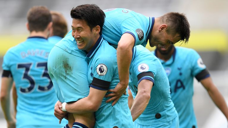 Heung-min Son celebrates with Giovanni Lo Celso after his goal