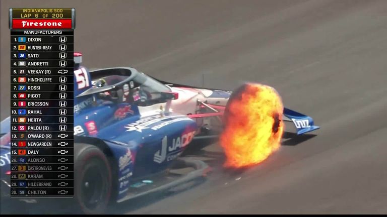 A dramatic wheel fire took James Davison out early in the Indy 500 to cause a full-course yellow