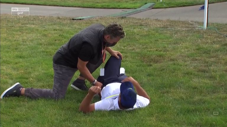 Brooks Koepka stopped to receive treatment during the second round of the PGA Championship at TPC Harding Park