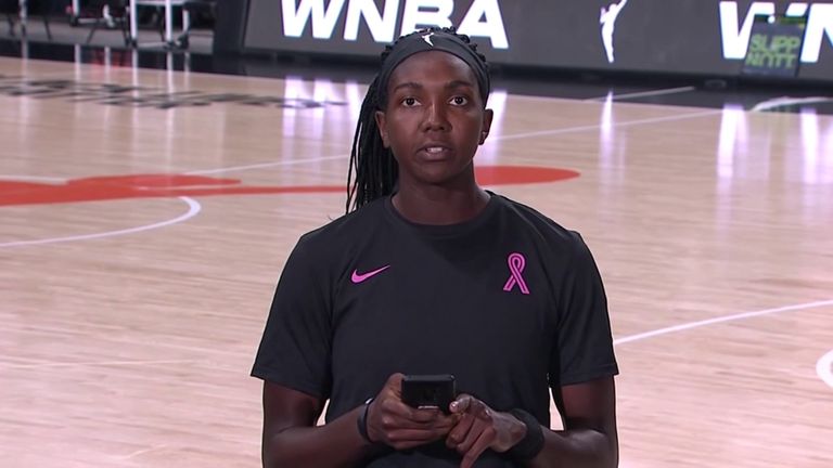 Elizabeth Williams of the Atlanta Dreams read out a statement on behalf of all WNBA players after games were postponed last month
