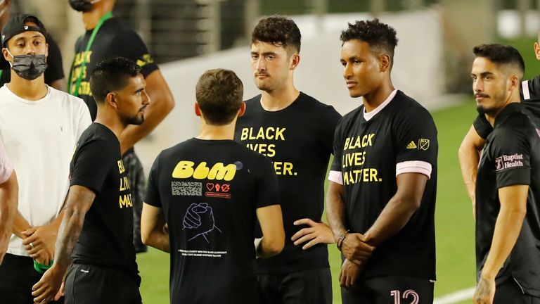 Inter Miami players wear Black Lives Matter shirts after it was announced their game against Atlanta United would be postponed