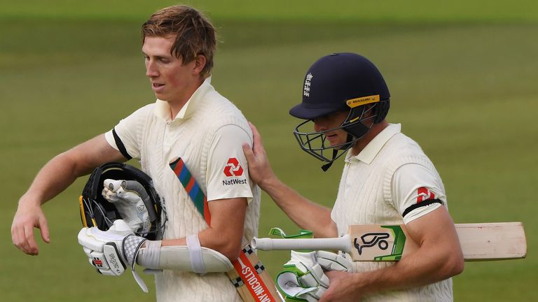 Crawley (L) and Jos Buttler put together an unbroken stand of 205 on the first day of the third Test