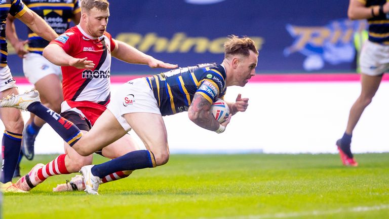 Richie Myler bursts free to score his first try against Salford