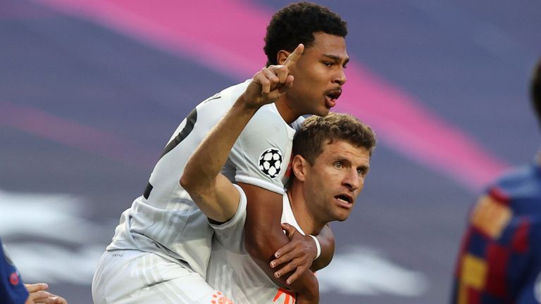 Thomas Muller celebrates scoring for Bayern Munich against Barcelona
