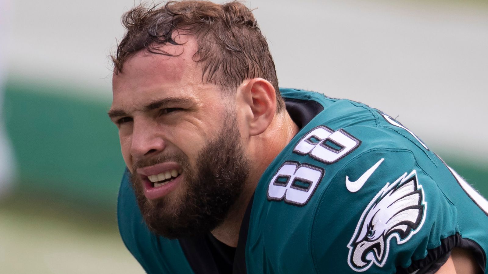 Philadelphia Eagles tight end Dallas Goedert (88) has his jersey