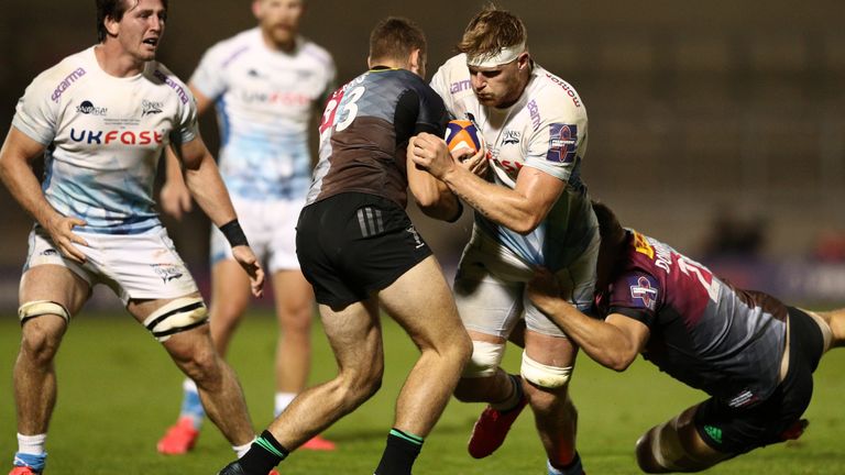 Sale's Daniel du Preez is tackled by James Lang