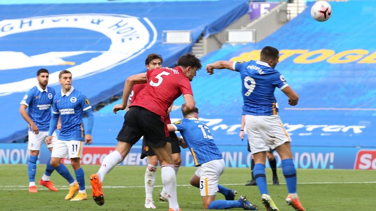 Harry Maguire heads against Neal Maupay's outstretched arm