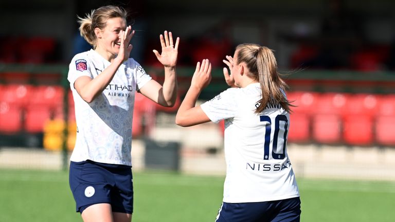 Georgia Stanway (right) of Manchester City celebrates after scoring her side's second goal 