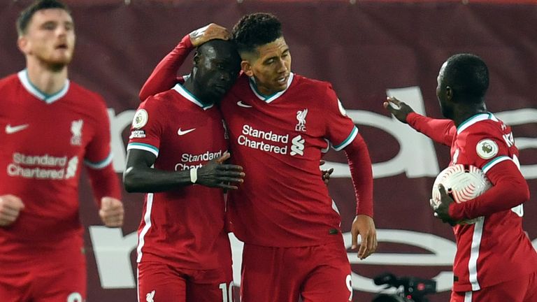 Sadio Mane celebrates his equaliser against Arsenal with team-mates