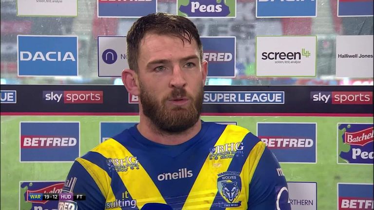 Man of the match Daryl Clarke gives his reaction after Warrington Wolves edged past Huddersfield Giants in the Betfred Super League.