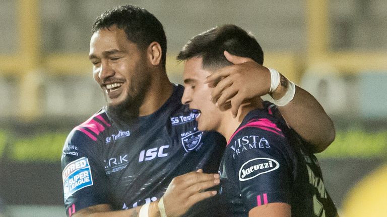 Ben McNamara celebrates his debut try for Hull FC with Bureta Faraimo