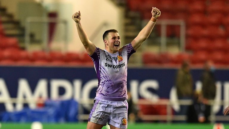 Exeter skipper Joe Simmonds celebrates leading the Chiefs to the title