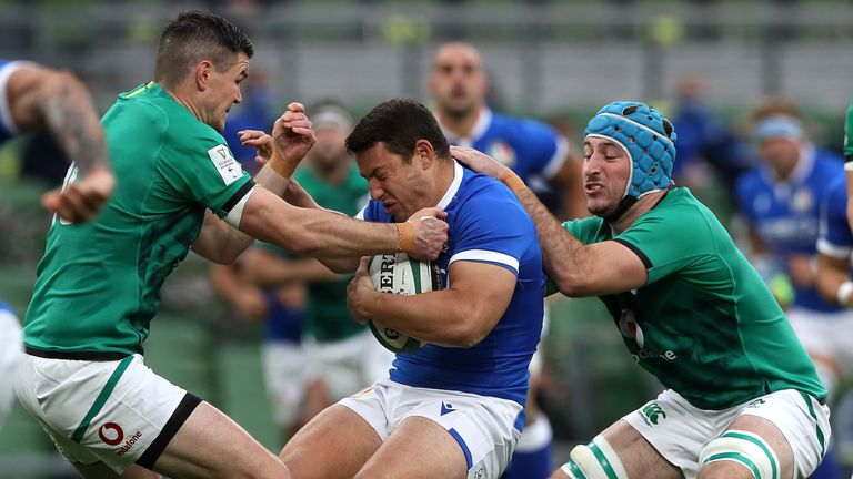 Will Connors (blue skullcap) earned man of the match on his Ireland debut, and scored a try