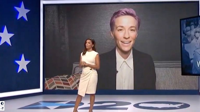 Desperate Times: Actress Eva Longoria speaks with Joe Biden supporter Megan Rapinoe at the Democratic National Convention in August 