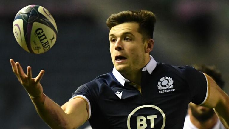 Blair Kinghorn gathers possession to score Scotland's eighth try