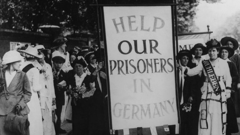 circa 1914 - a crowd of female protesters campaign against the internment of British civilians at Ruhleben where Harry Edward was detained