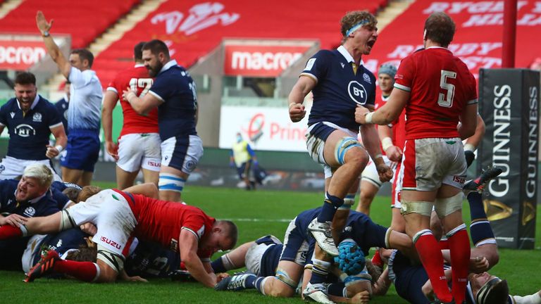 Scotland celebrate their crucial maul try in the second half 