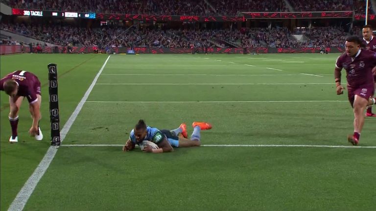 Josh Addo-Carr goes over to extend the lead for the New South Wales Blues in the State of Origin match against the Queensland Maroons