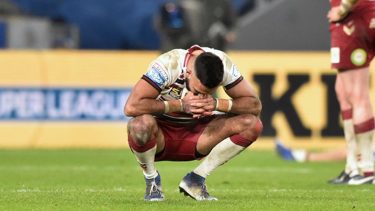 Wigan’s Bevan French looks dejected after the loss