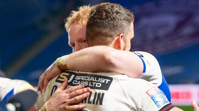 Retiring duo James Graham and Sean O'Loughlin embrace at the end of the game