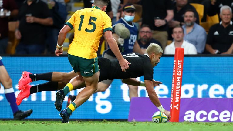 Rieko Ioane scores in the corner for the All Blacks