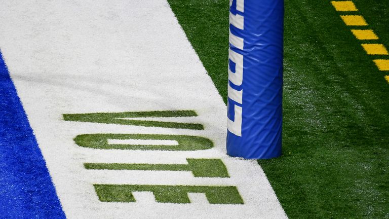 "Vote" painted in the endzone prior to the game between the Detroit Lions and the Indianapolis Colts