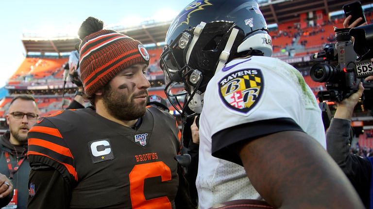Ravens quarterback Lamar Jackson (R) has generally got the better of Browns QB Baker Mayfield (L) in their previous meetings