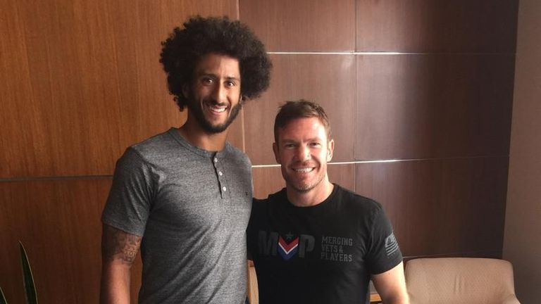 Boyer and Kaepernick in 2016 on September 1, when the quarterback decided to take a knee (courtesy Nate Boyer)