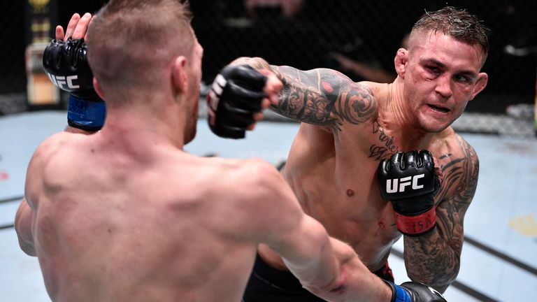 Dustin Poirier’s fight against Dan Hooker (left) was very emotional
