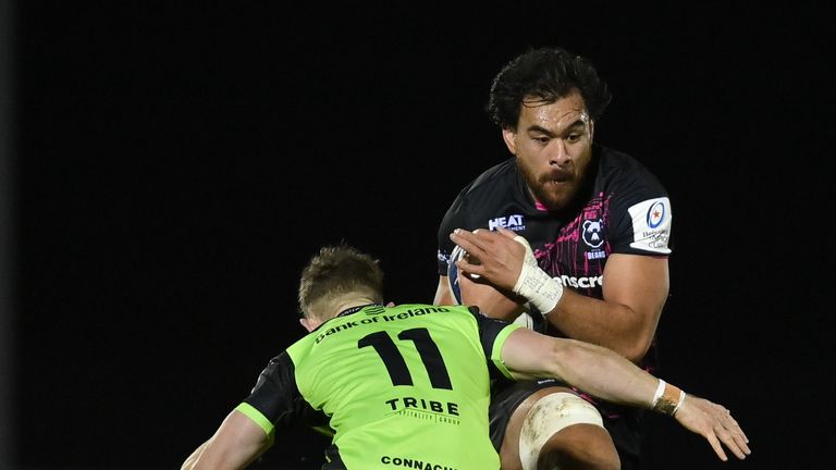 Steven Luatau of Bristol Bears is tackled by Matt Healy of Connacht