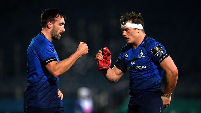 Jack Conan (L) and Josh van der Flier of Leinster fist bump