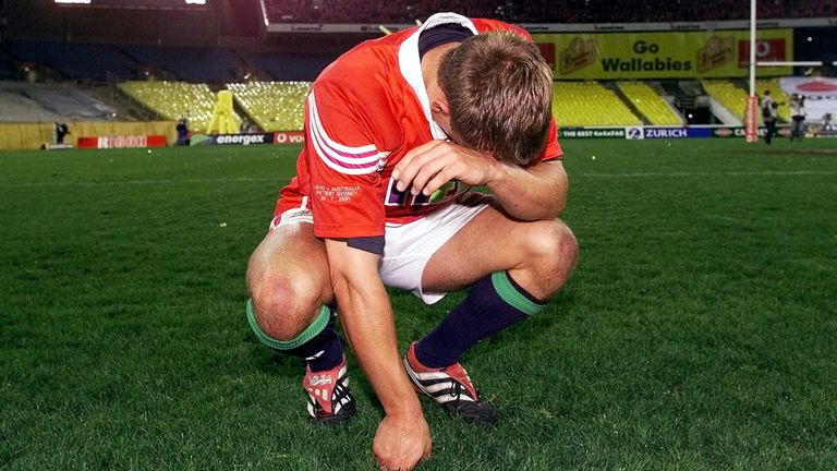 Jonny Wilkinson falls to his knees following the Lions' defeat to Australia in the third Test