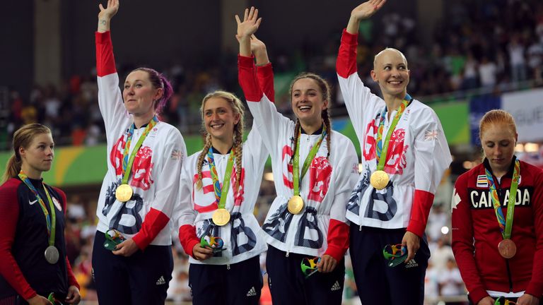 Barker (centre right) celebrates winning gold for Team GB in Rio de Janeiro four-and-a-half years ago