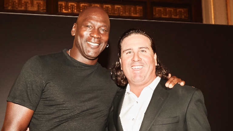 Michael Jordan with Pat Perez, who got his first pair of Jordan shoes out of a trash can