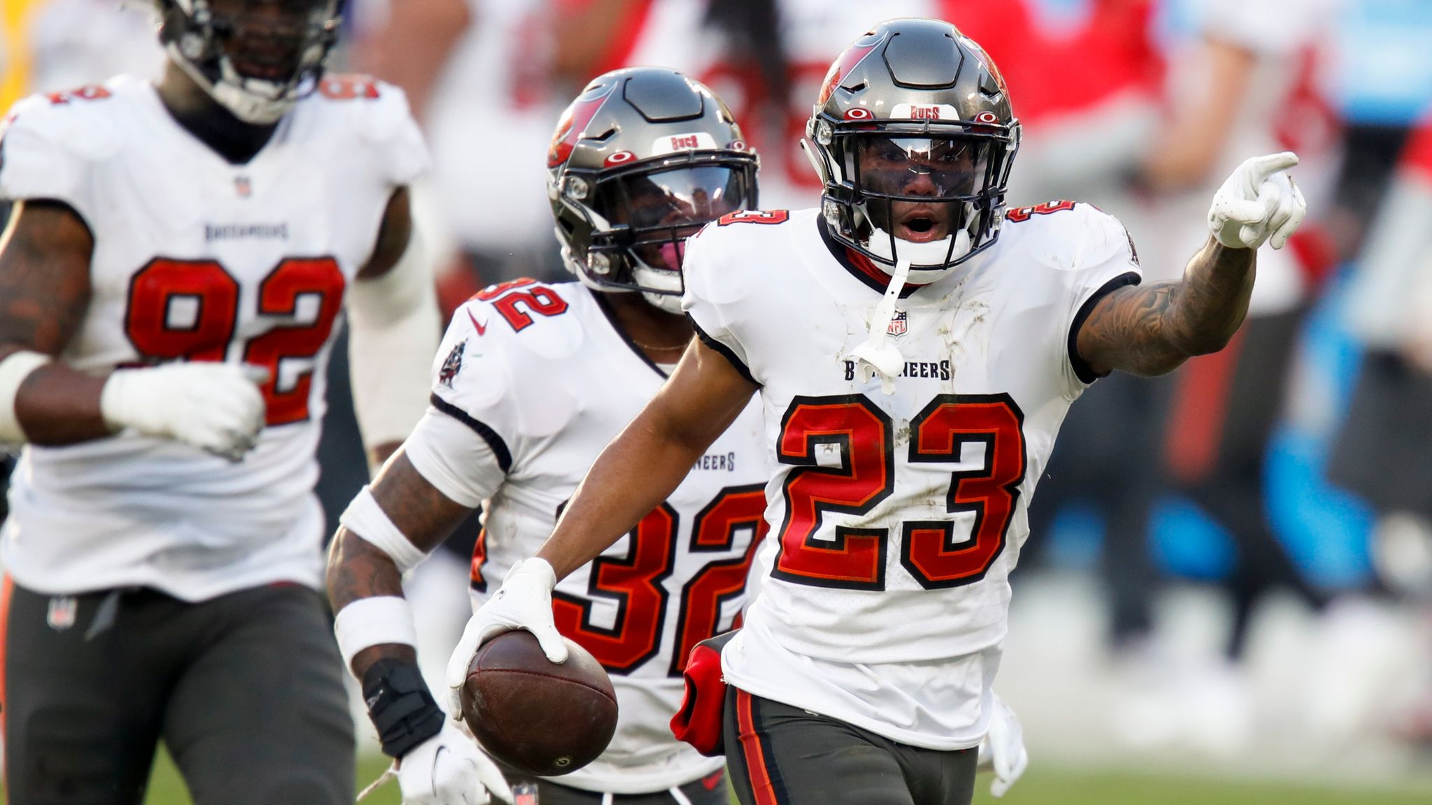 Devin White of the Tampa Bay Buccaneers celebrates a fumble