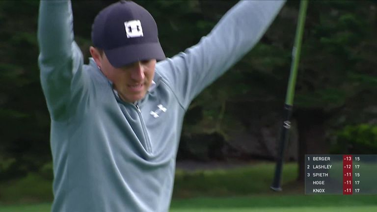Spieth jumped back into a share of the lead at Pebble Beach in some style at the 16th, where a big draw from 160 yards found the hole for an amazing eagle-two